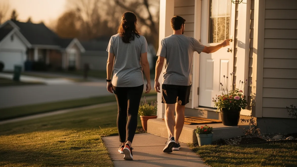 Two people walking up a path to a front door in warm evening light