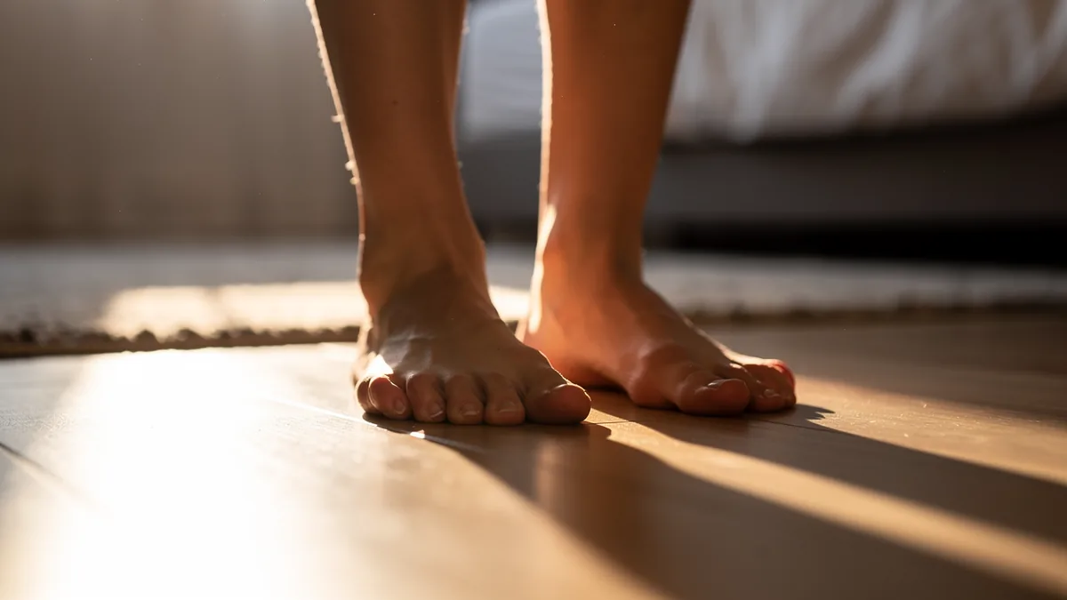 Bare feet settling onto a bedroom floor in low dawn light