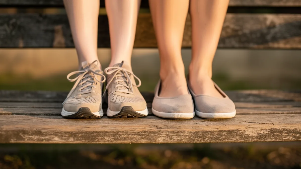 Two people on a wooden bench, one in trainers and one in flat shoes