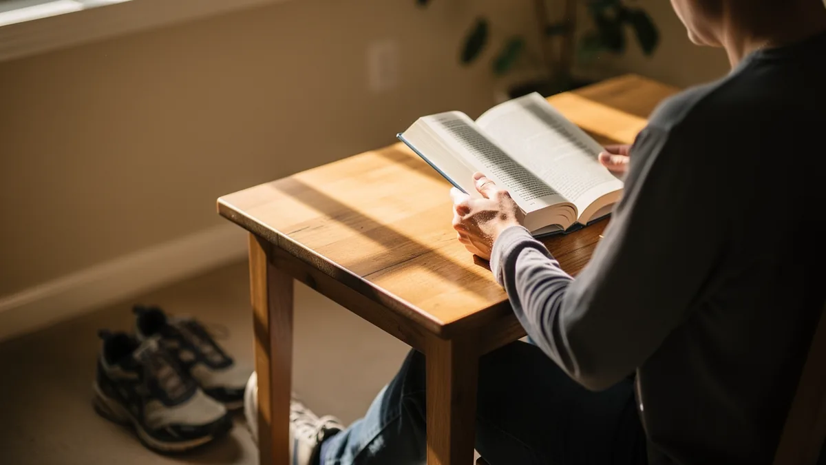 Reading at a wooden table with running shoes on the floor nearby