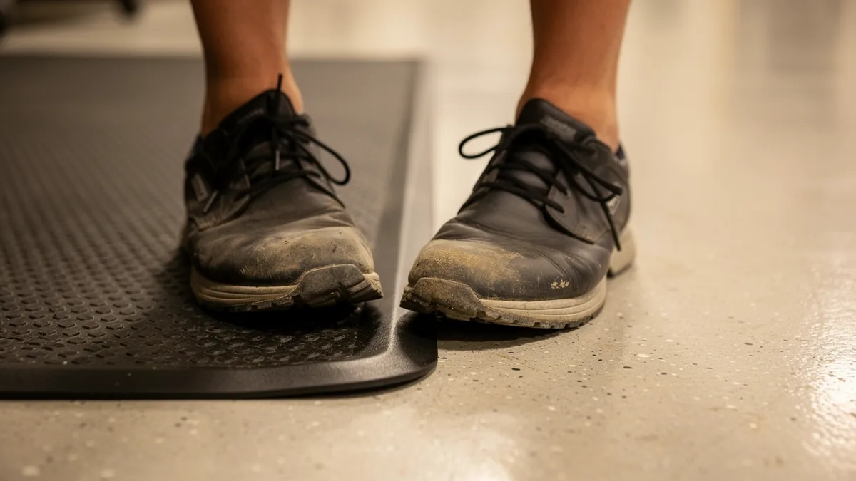 Worn black work shoes on a hard commercial floor beside a rubber anti-fatigue mat