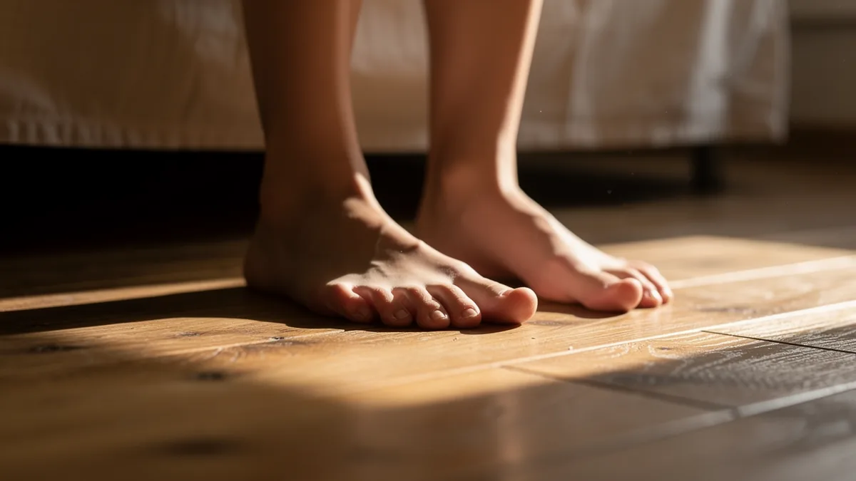 Bare feet taking the first weight of the day on a wooden bedroom floor in early light