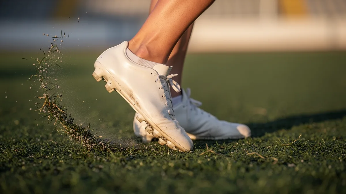 Plain white soccer cleats pivoting on turf, kicking up a spray of grass