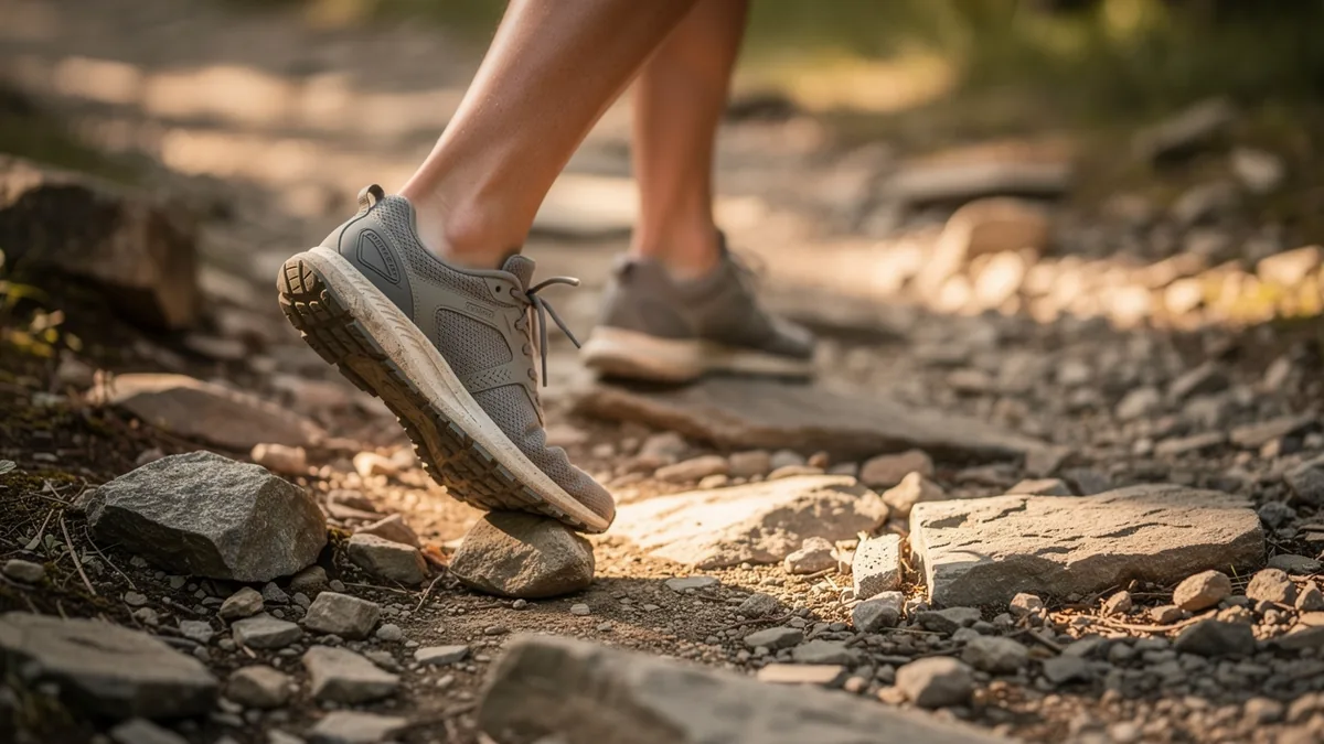 A trail running shoe rolling on a loose stone on an uneven rocky path
