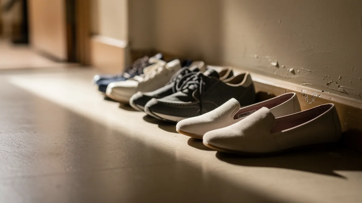 Everyday and athletic shoes lined up along a hallway wall in warm light from a doorway