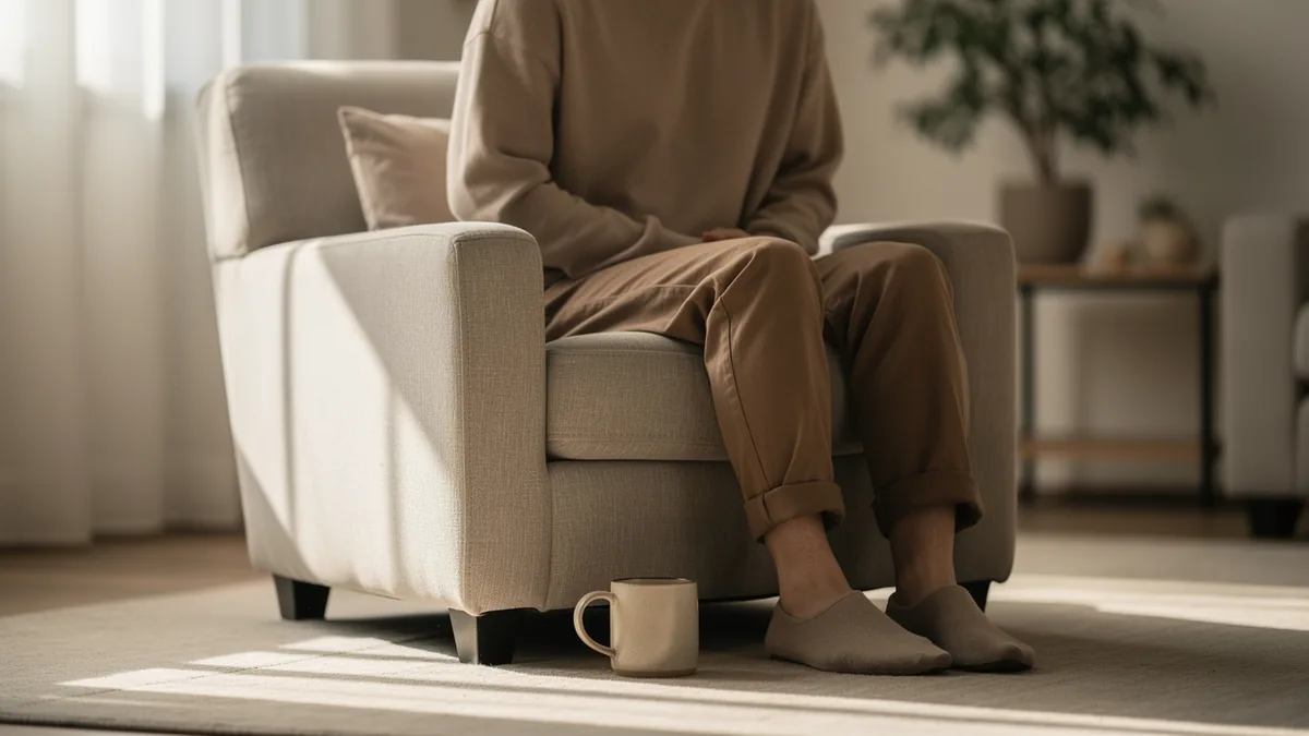 Settled into an armchair with a mug on the floor alongside