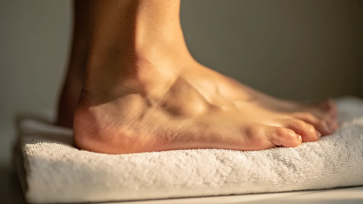 The back of a bare foot resting on a folded white towel in warm directional light