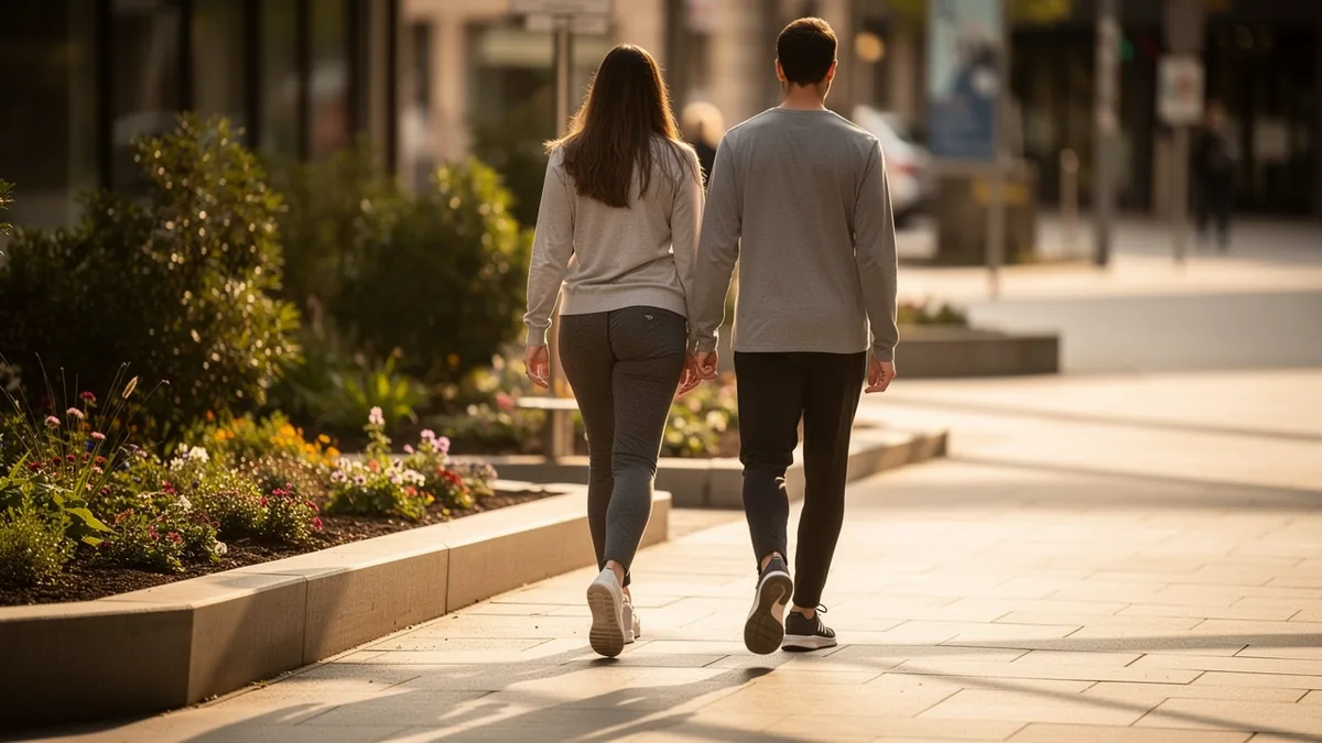 Two people walking a paved town-centre walkway past flowering planters