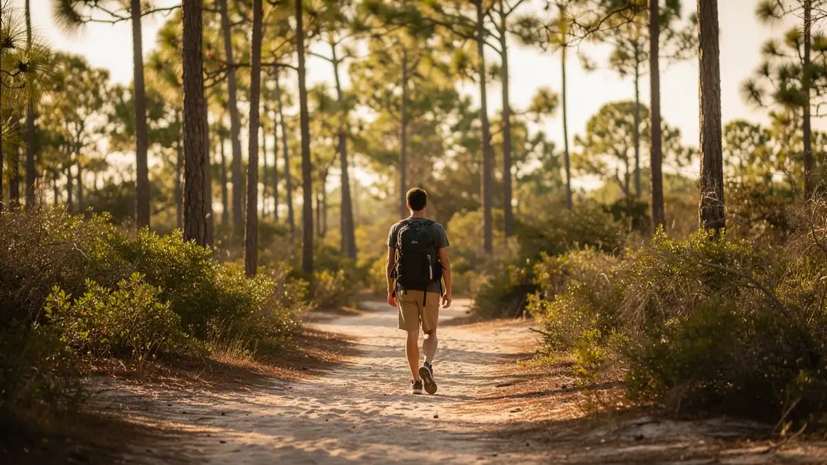 A hiker on a sandy trail through tall slash pines