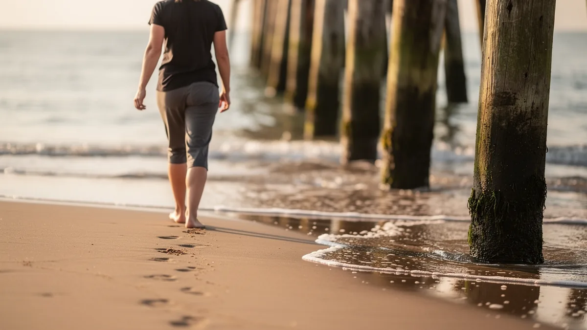 Walking barefoot along the waterline past weathered pier pilings
