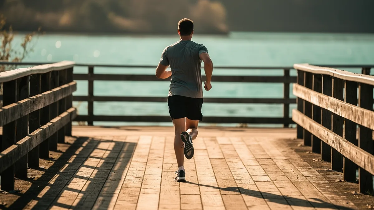 A runner crossing a wooden boardwalk above turquoise inlet water