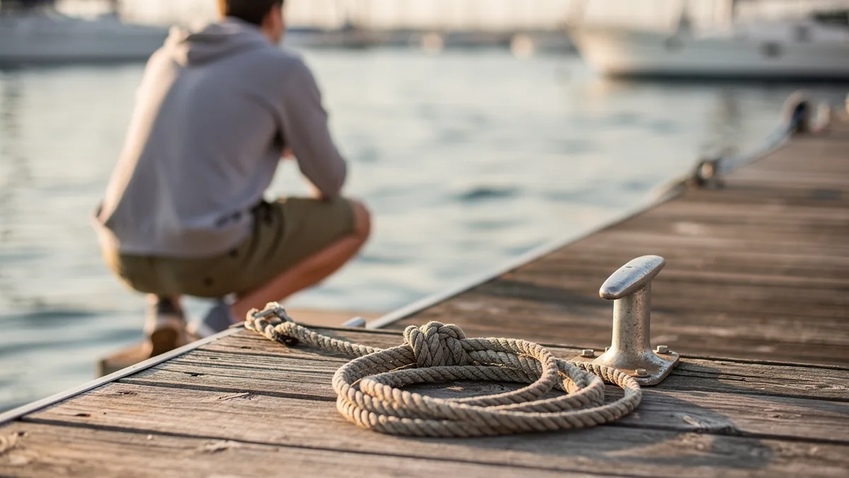 Crouched at the edge of a wooden marina dock beside a coiled mooring line