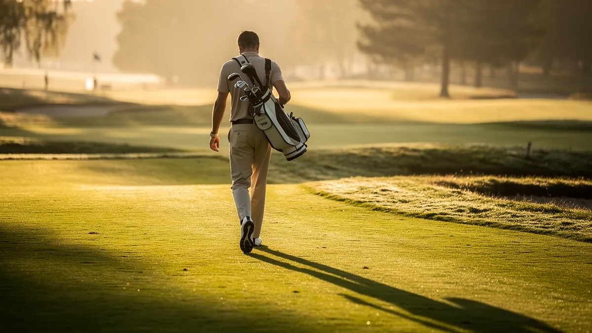 A golfer walking a mown fairway at dawn with a bag over one shoulder