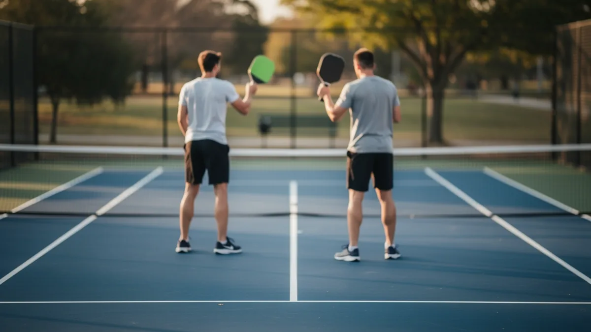 Two players facing the net on a blue pickleball court, paddles raised