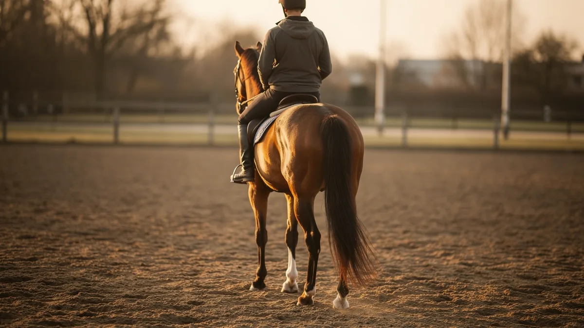 A rider on horseback crossing a sandy paddock in low evening light