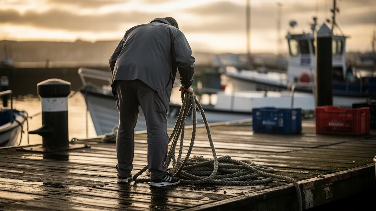 Coiling rope on a wet working fishing dock at dusk