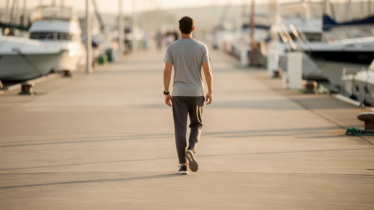 Walking a concrete marina walkway with moored boats on either side