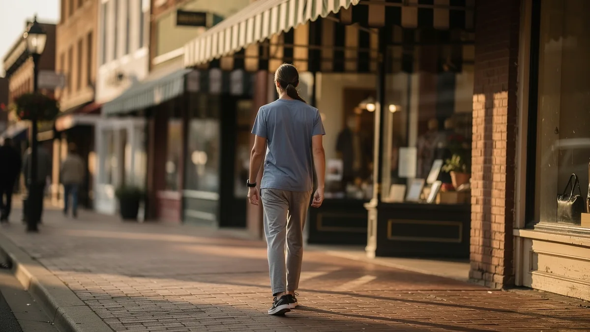 Walking a brick sidewalk past striped shopfront awnings in a historic downtown