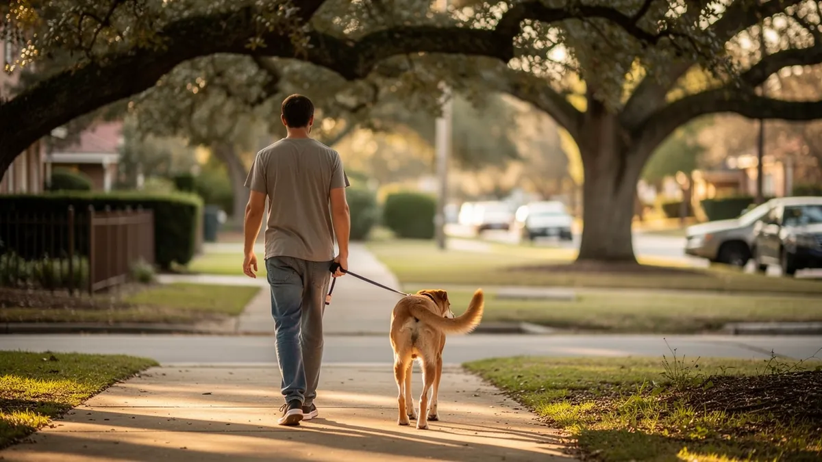 Walking a dog along a residential sidewalk shaded by live oaks
