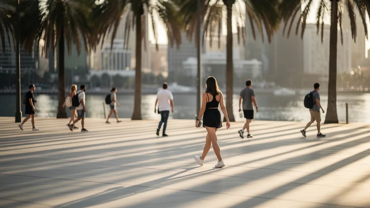 People crossing a palm-lined waterfront promenade with the city across the water