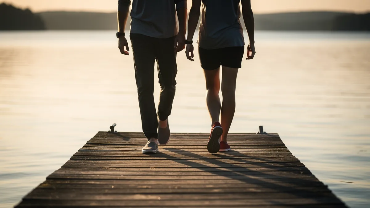 Two people walking a wooden dock toward calm water at sunset