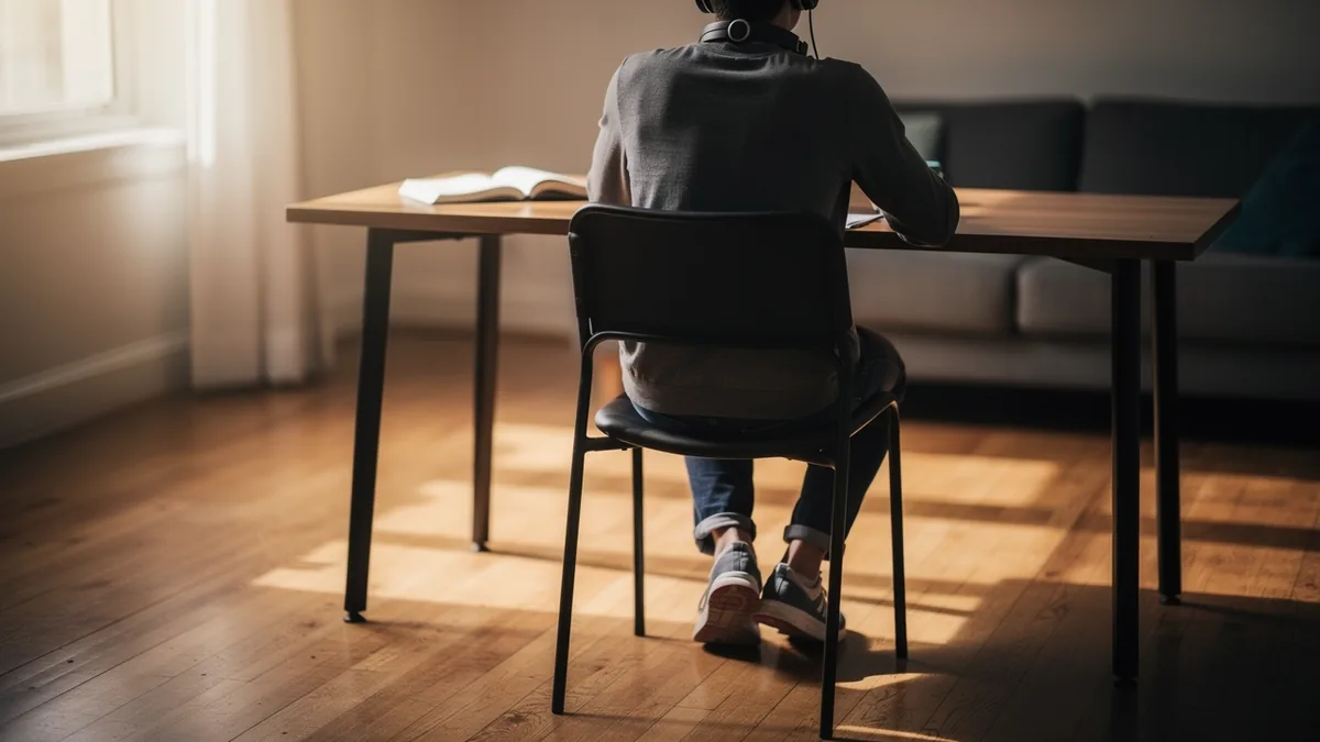 Working at a table with a notebook and headphones in soft window light