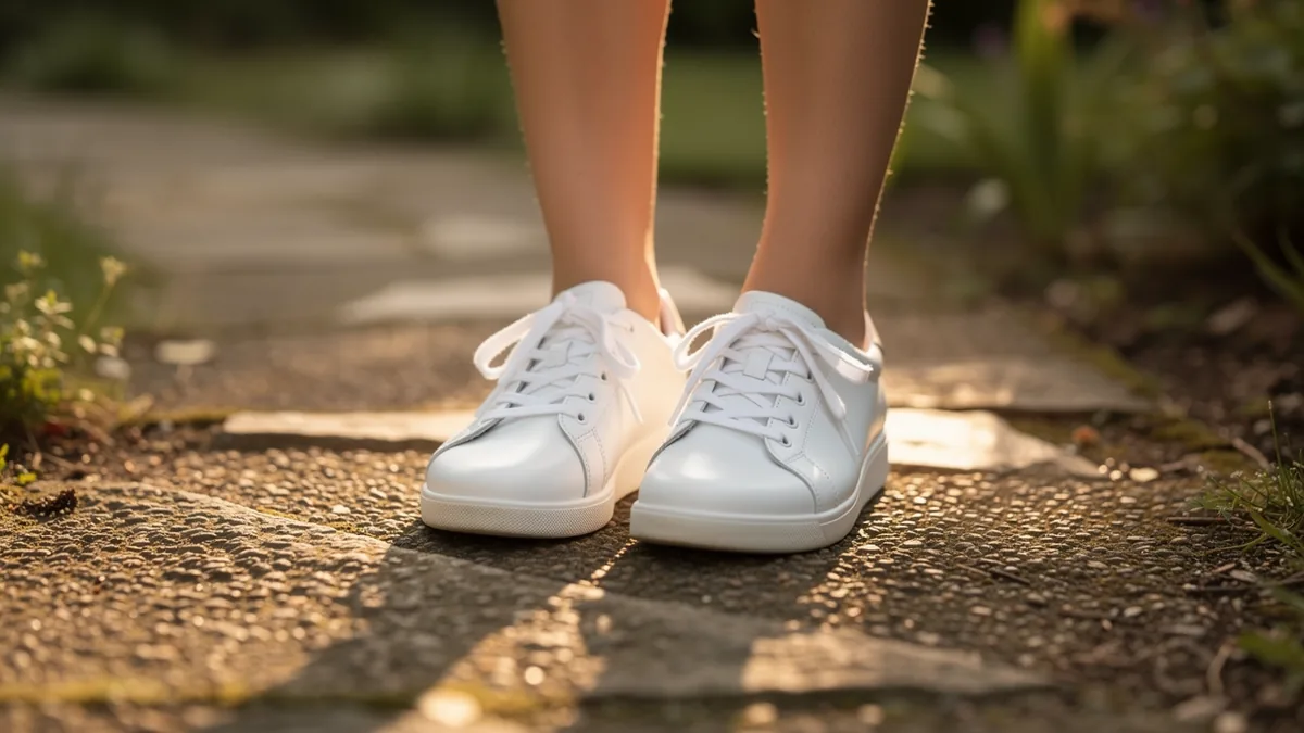 Clean white trainers on a sunlit stone garden path