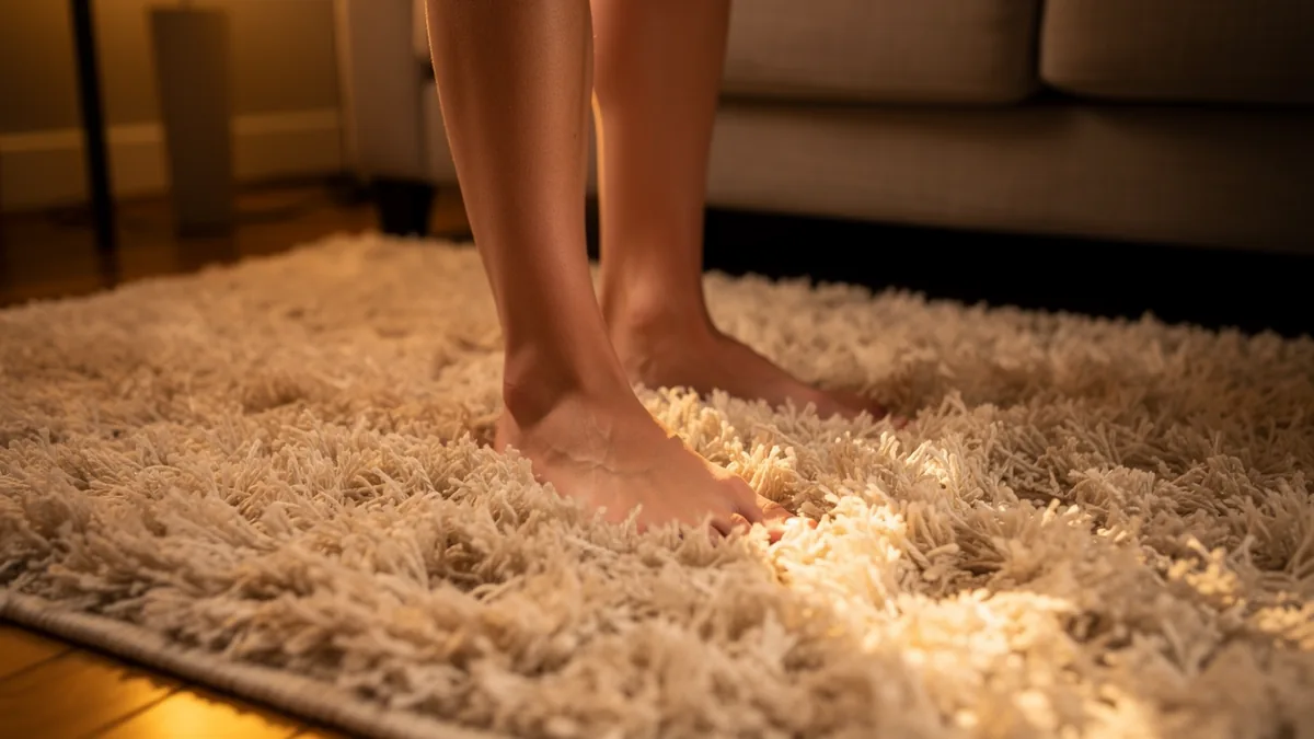 Bare feet sinking into a thick cream rug under warm lamp light