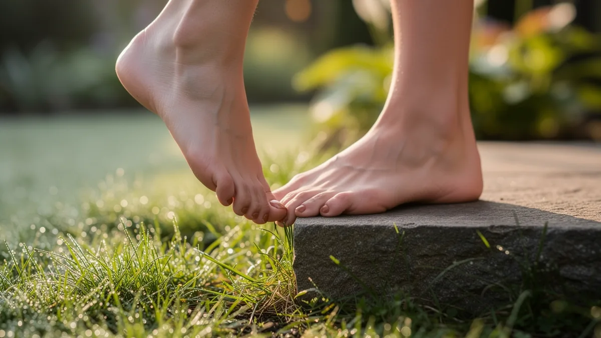 Bare feet stepping down from a stone garden step onto dew-covered grass