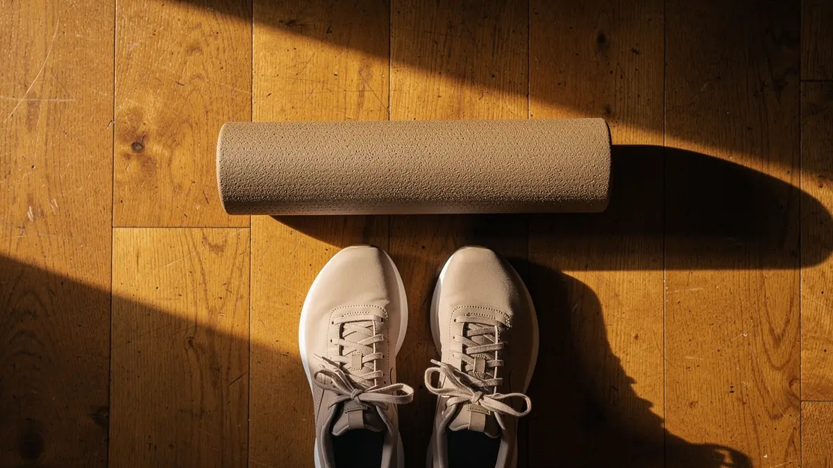 A foam roller and a pair of plain running shoes on a wooden floor, seen from above