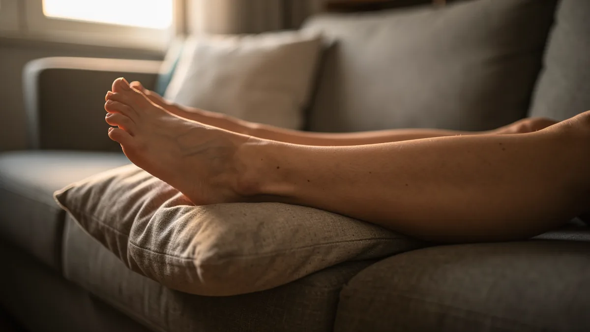 Bare feet and lower legs resting on a cushion at the end of a sofa in warm evening light
