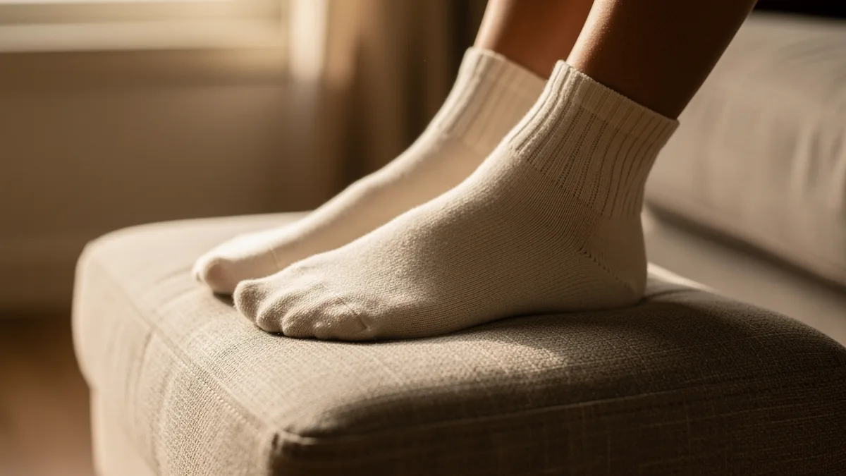 Feet in clean white cotton socks resting on an upholstered footstool