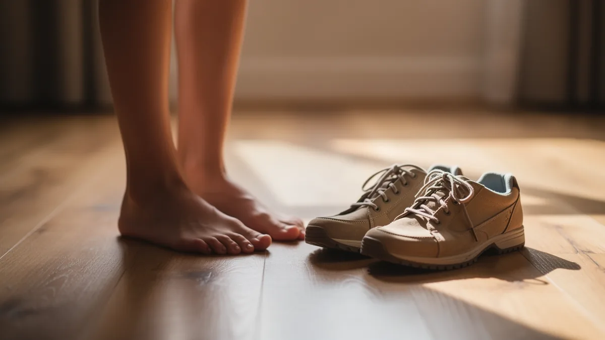 Bare feet on a wooden floor beside a pair of walking shoes in warm daylight