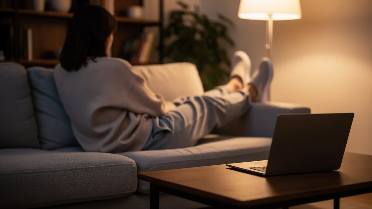 Feet up on a sofa beside a laptop on a low table in a lamp-lit room