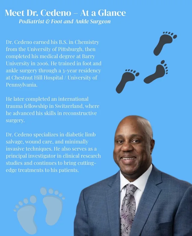 A profile card introducing Dr. Cedeno, podiatrist and foot and ankle surgeon