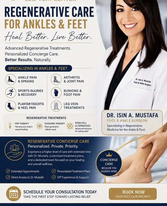 A profile card for Dr. Isin A. Mustafa introducing regenerative care for ankles and feet